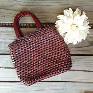 VGW-Fossil leather woven wood handle bag
